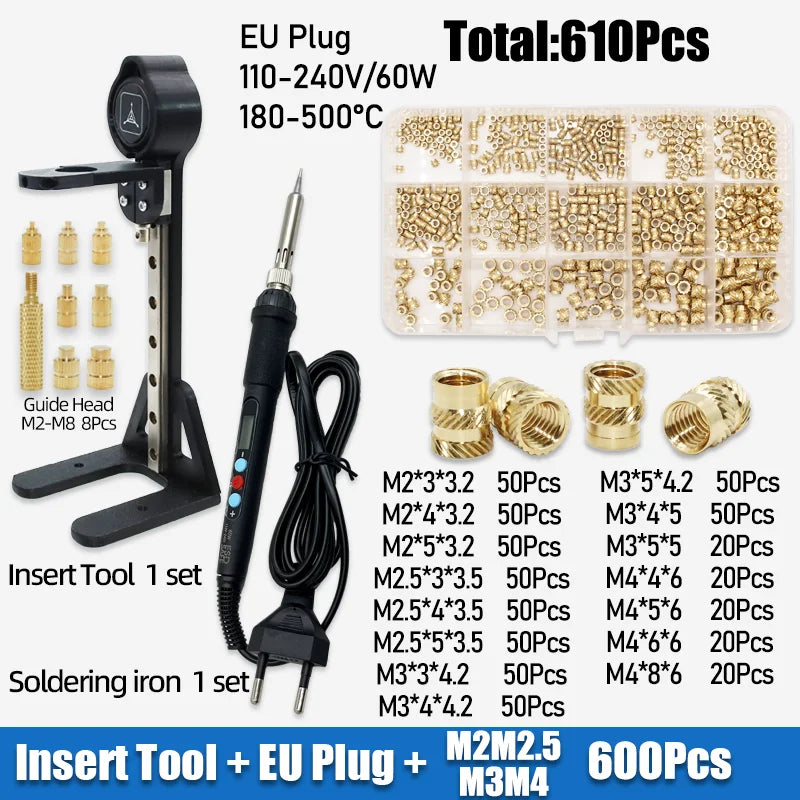 Heat Set Insert Kit with Stand – M2-M6 Brass Threaded Inserts, up to 1040 Pieces
